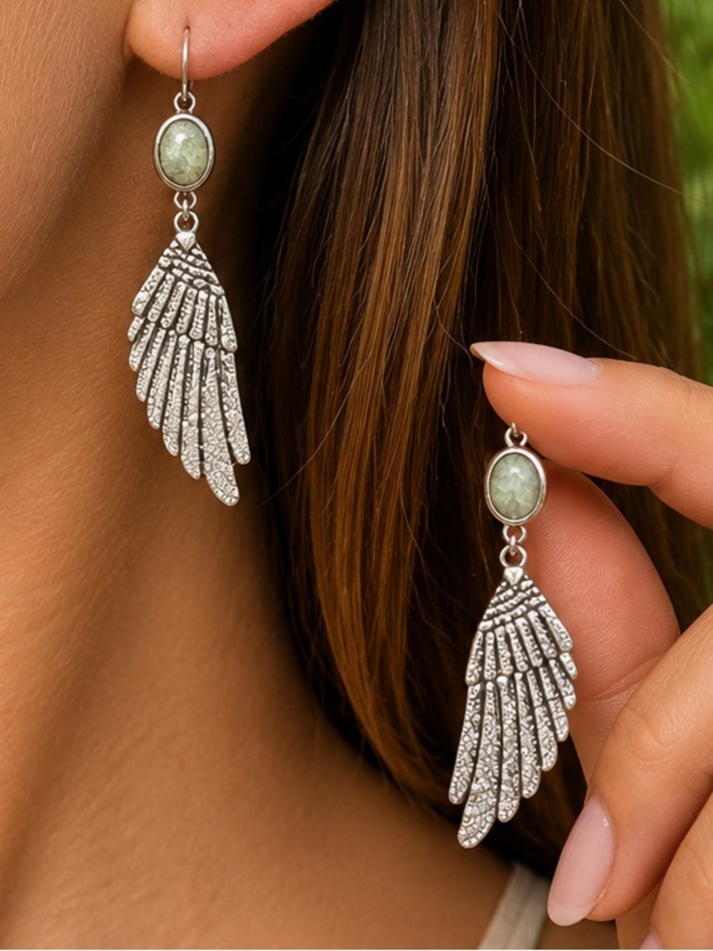 Silver Wing Drop Earrings with Pale Green Stone